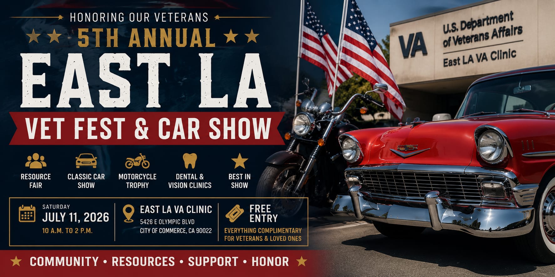 Classic red vintage car and motorcycle at the 5th Annual East LA Vet Fest and Car Show for veterans and families at the East LA VA Clinic