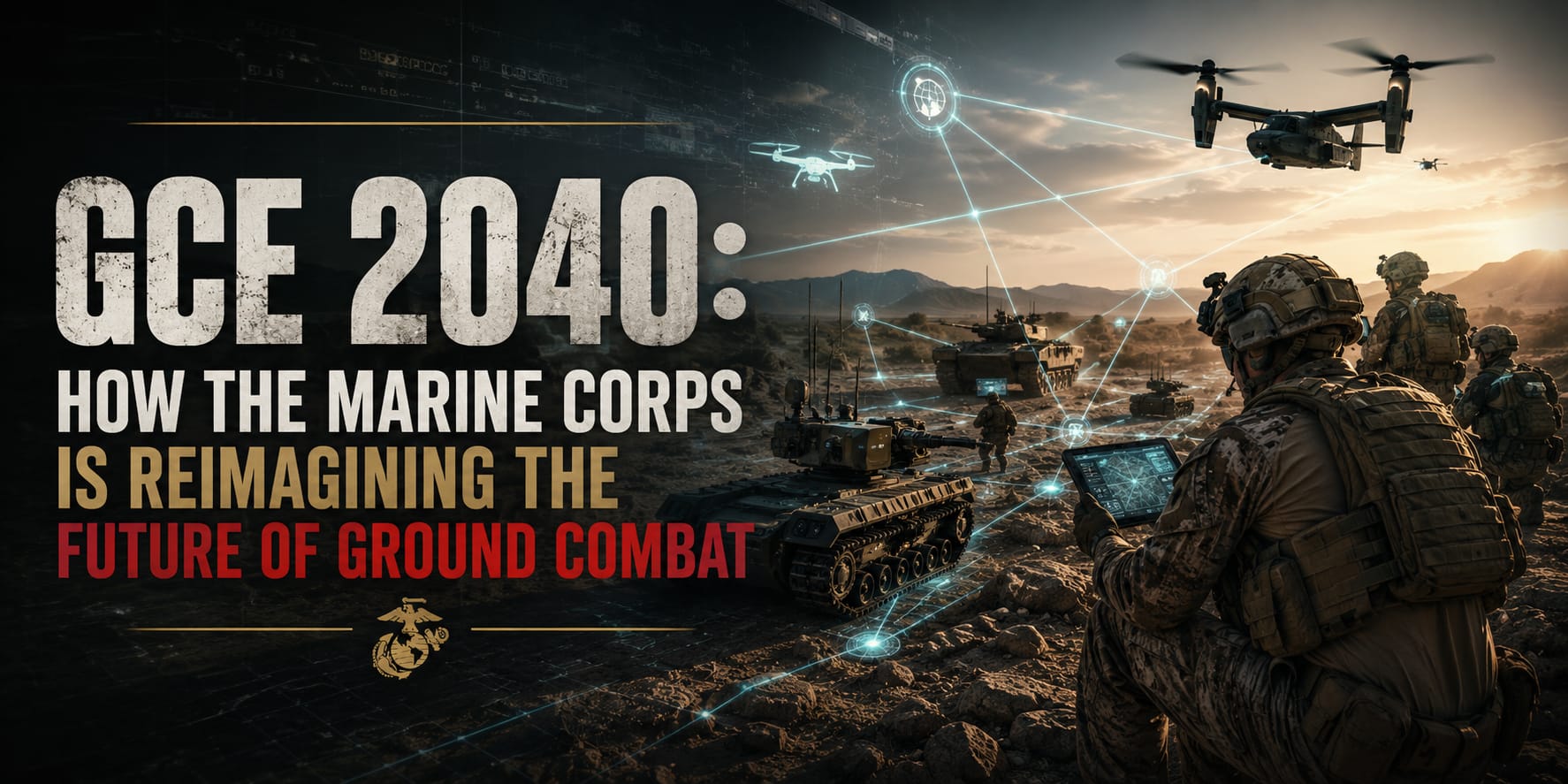 U.S. Marines using advanced battlefield technology, drones, armored vehicles, and networked systems representing the Marine Corps GCE 2040 concept