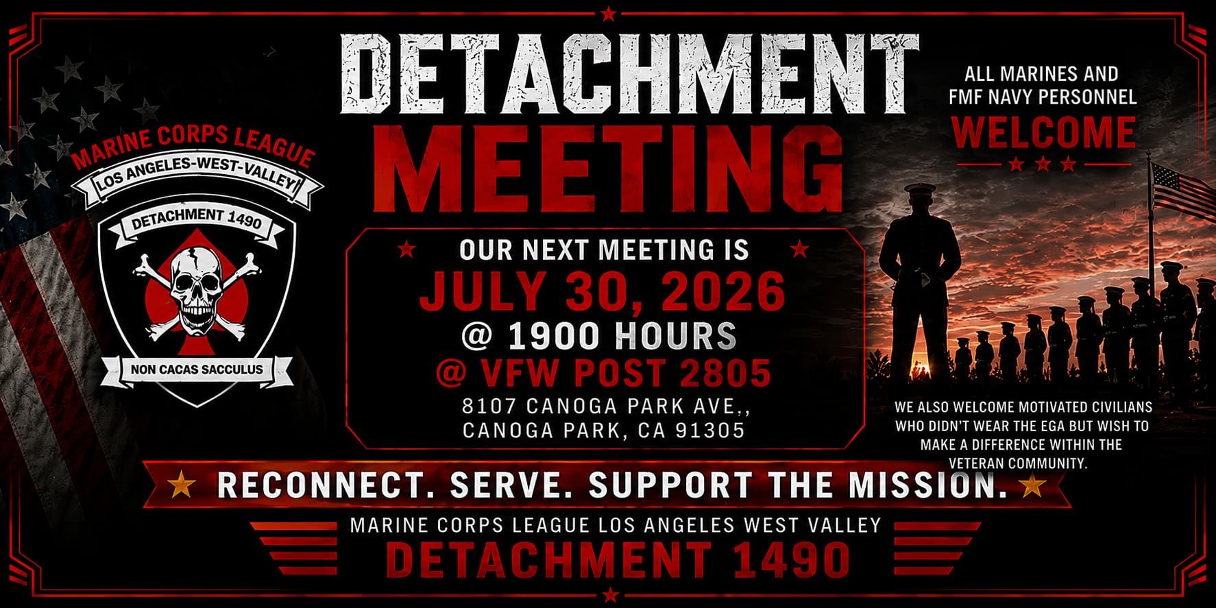 Marine Corps League Los Angeles West Valley Detachment 1490 meeting flyer announcing the July 30, 2026 meeting at 7:00 PM at VFW Post 2805 in Canoga Park, California.