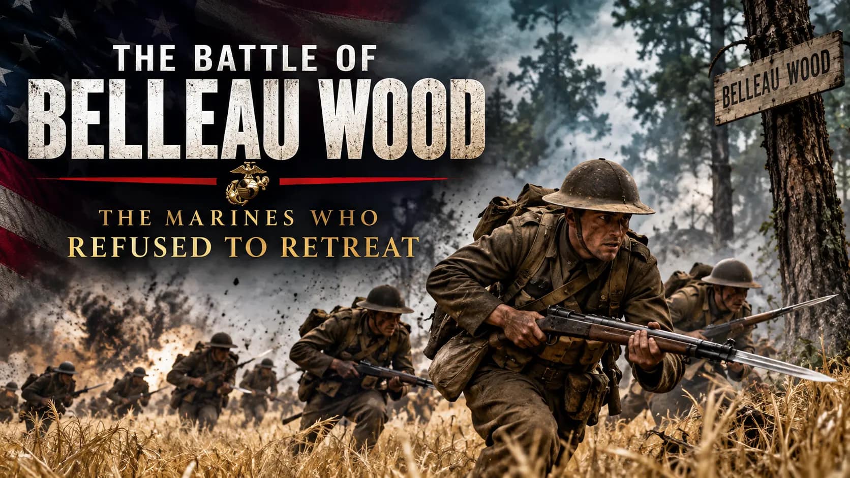U.S. Marines advancing through a wheat field during the Battle of Belleau Wood in World War I