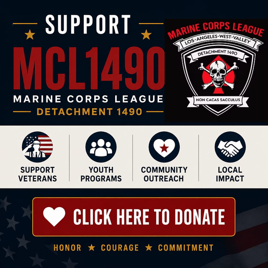 Square support banner for Marine Corps League Detachment 1490 promoting veteran support, youth programs, community outreach, and local impact