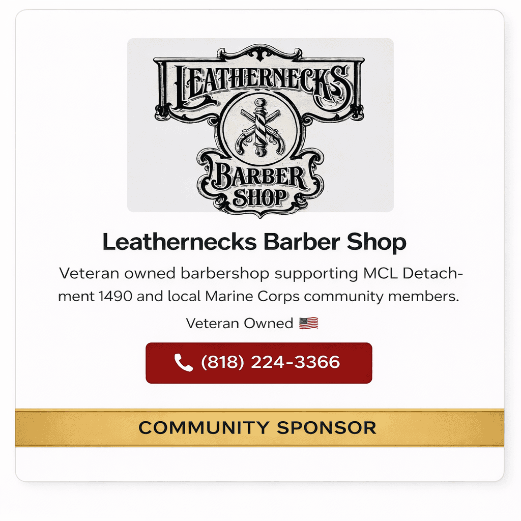 Leathernecks Barber Shop community sponsor supporting Marine Corps League Detachment 1490 with veteran owned local barber services in Canoga Park