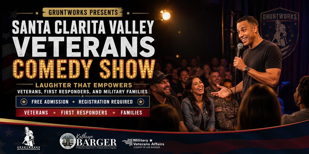 Promotional banner for the Santa Clarita Valley Veterans Comedy Show featuring a stand-up comedian performing under a spotlight with veterans, first responders, and military families laughing in the audience.