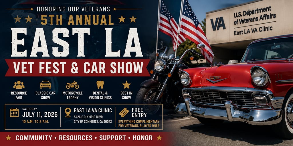 Classic red vintage car and motorcycle at the 5th Annual East LA Vet Fest and Car Show for veterans and families at the East LA VA Clinic
