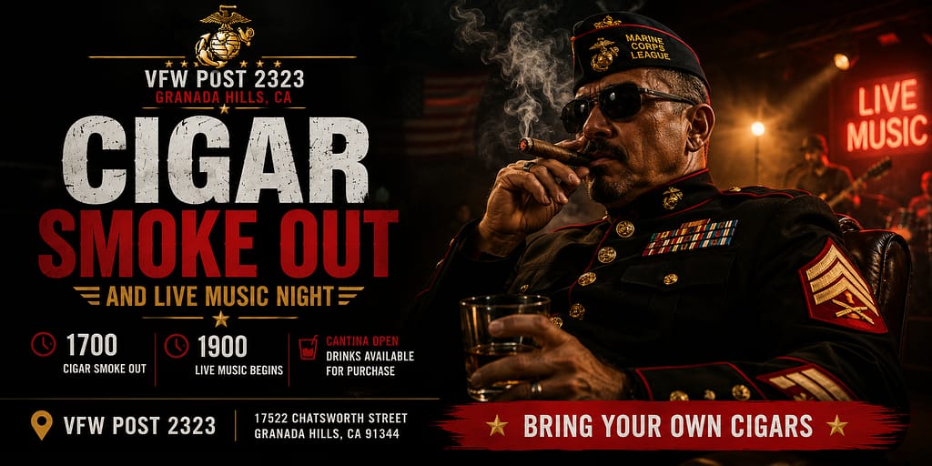 Marine Corps veteran smoking a cigar during the VFW Post 2323 Cigar Smoke Out and Live Music Night in Granada Hills, California