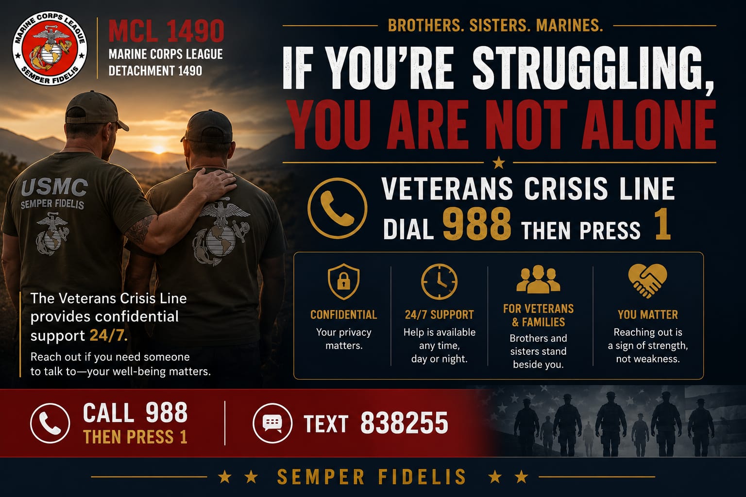 Marine Corps League Detachment 1490 veterans crisis support graphic with Marines standing together at sunset