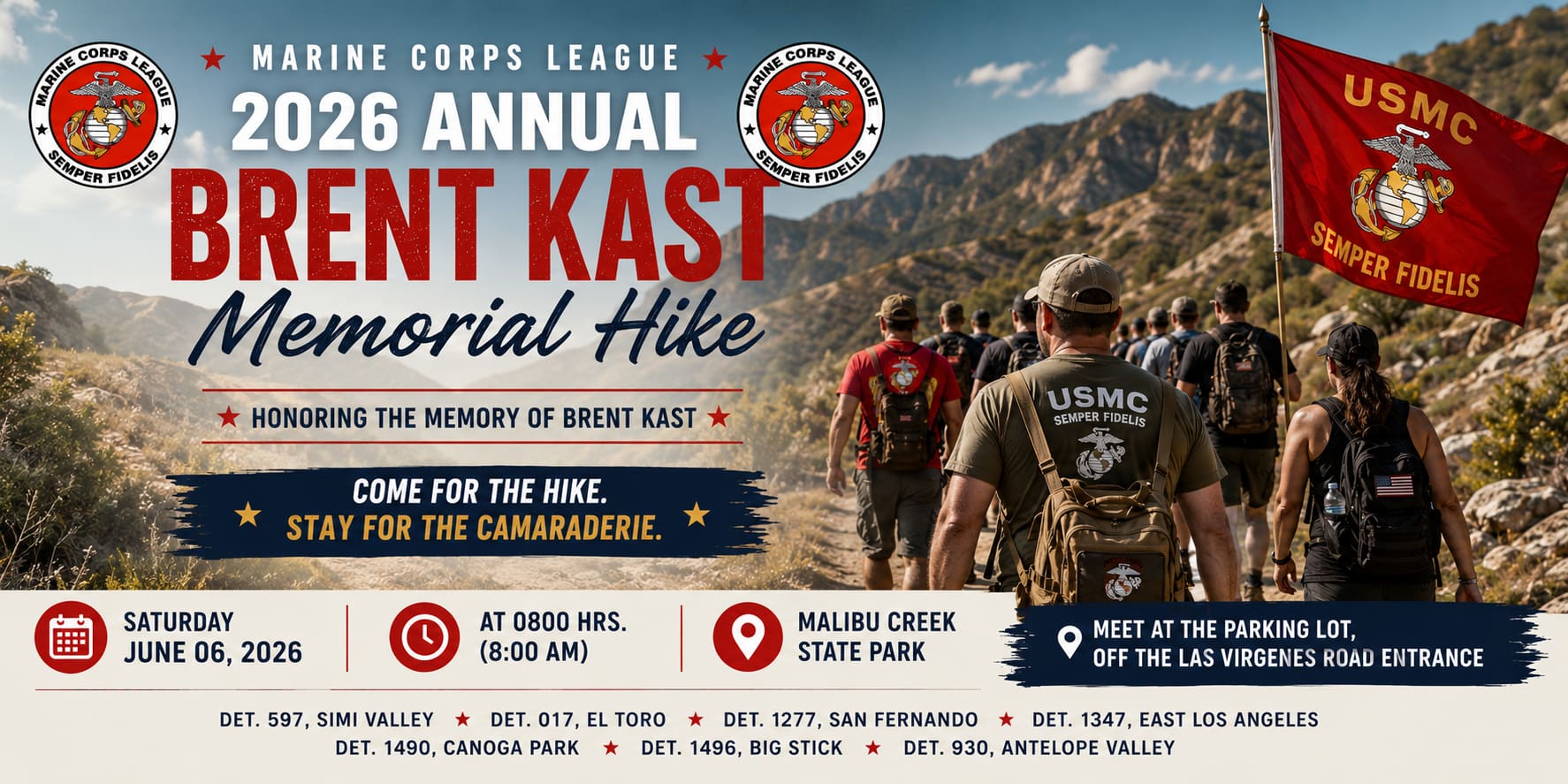 Marine Corps League members hiking during the 2026 Brent Kast Memorial Hike at Malibu Creek State Park