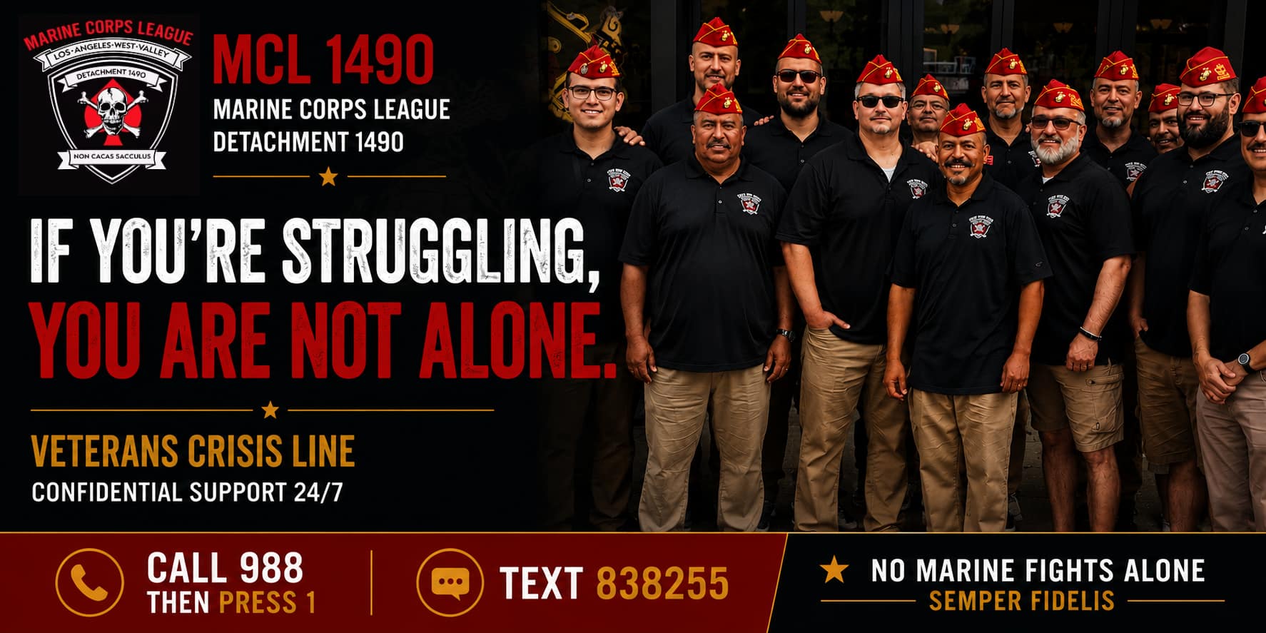 Veteran crisis hotline support banner with MCL 1490 branding and mental health support messaging