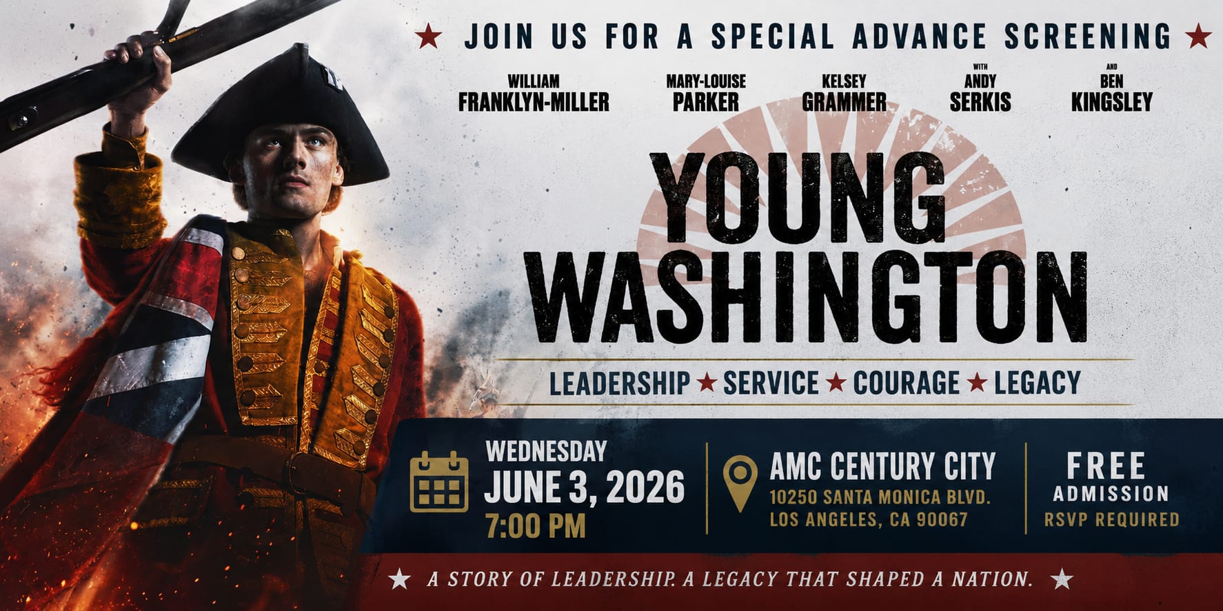 Young Washington advance screening event graphic featuring George Washington, American flag, and event details for June 3, 2026 in Los Angeles