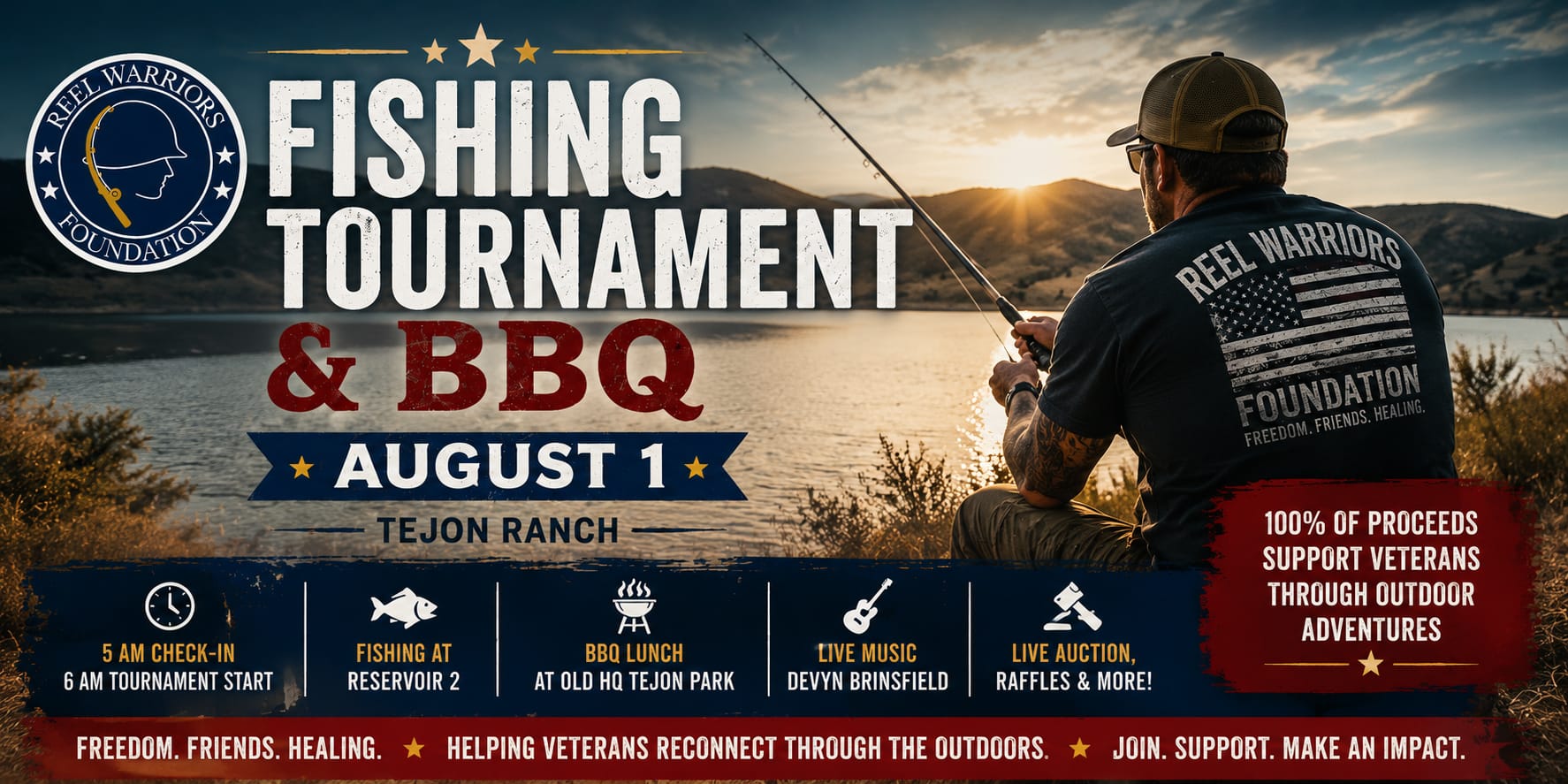 Veteran fishing at sunset promoting the Reel Warriors Foundation Fishing Tournament and BBQ at Tejon Ranch on August 1, supporting veterans through outdoor recreation.
