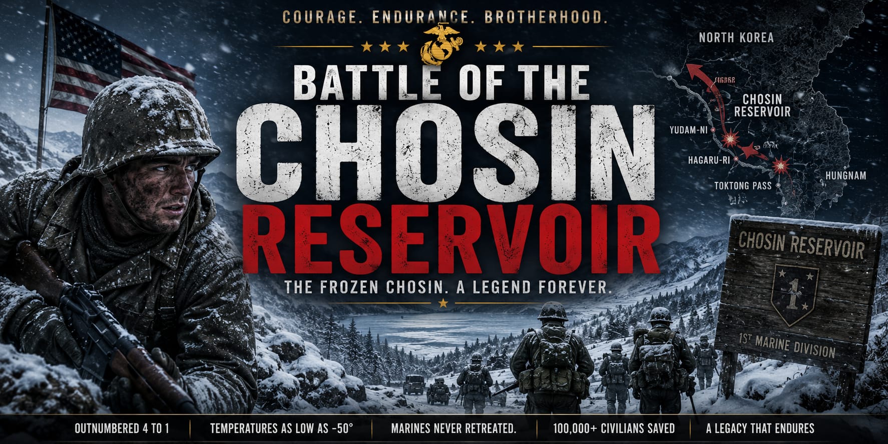 U.S. Marines battle through deep snow during the Battle of Chosin Reservoir in the Korean War while surrounded by overwhelming Chinese forces.