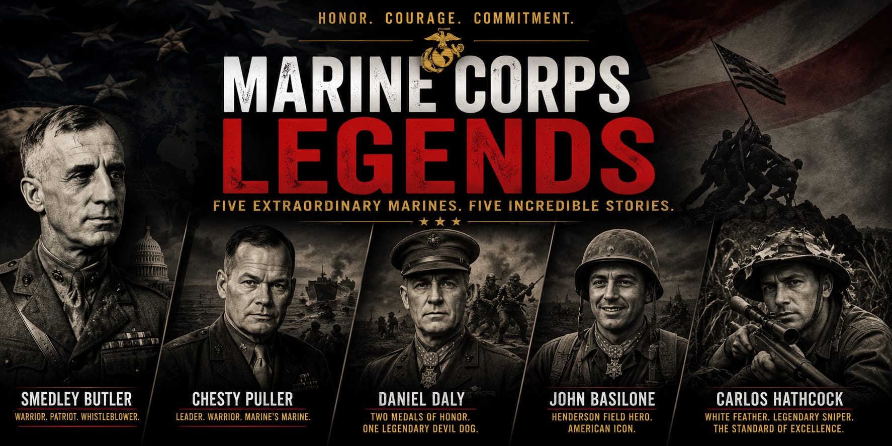 Illustration honoring five legendary Marines, Smedley Butler, Chesty Puller, Daniel Daly, John Basilone, and Carlos Hathcock, whose courage and leadership shaped Marine Corps history.