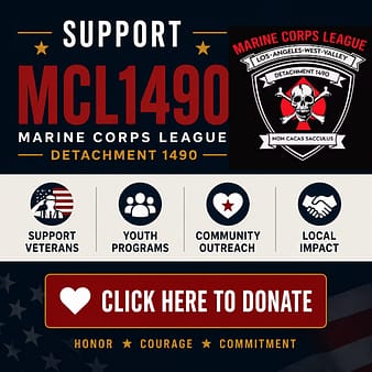 Square support banner for Marine Corps League Detachment 1490 promoting veteran support, youth programs, community outreach, and local impact