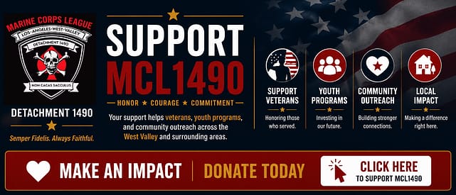 Horizontal support banner for Marine Corps League Detachment 1490 highlighting veteran support, youth programs, community outreach, and local impact