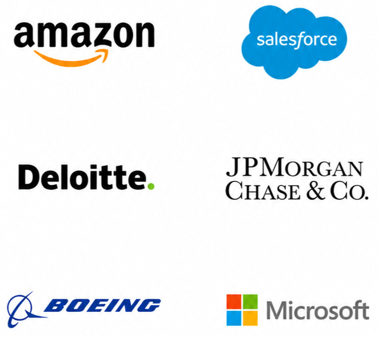 Logos of Amazon, Salesforce, Deloitte, JPMorgan Chase, Boeing, and Microsoft supporting veteran hiring initiatives