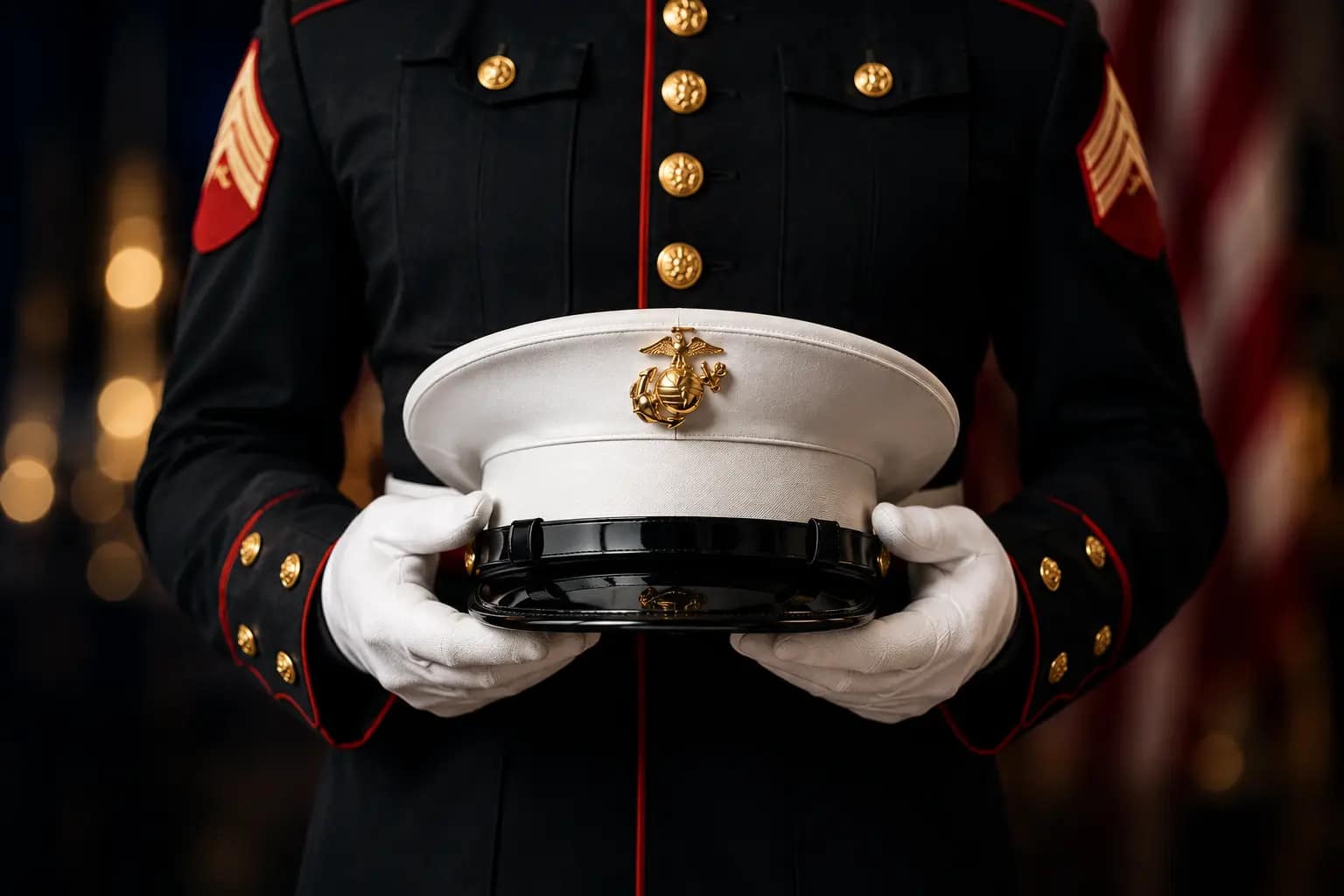 United States Marine in Dress Blues holding a white dress cover during a formal Marine Corps ceremony